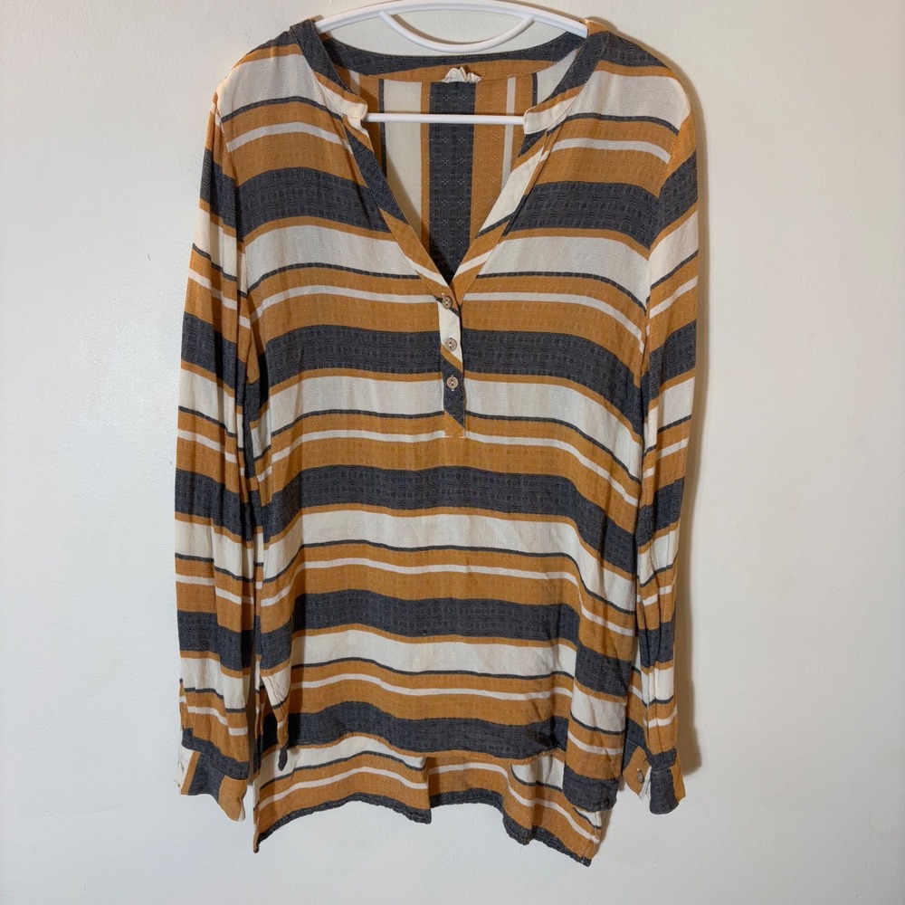 BKE Striped Henley Blouse Size Medium Mustard Yellow Grey
